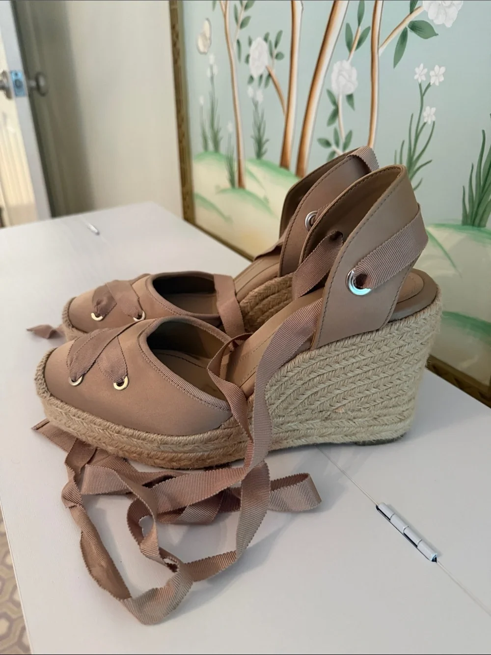 Zara Taupe Espadrille Wedge Sandals with Ankle Ribbon